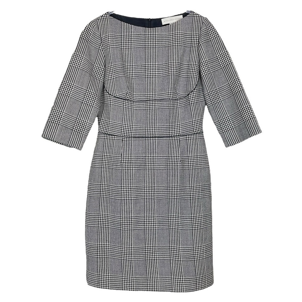 Stella Mccartney Houndstooth Plaid Boat Neck Wool Blend Dress Black 40 Us 4/6